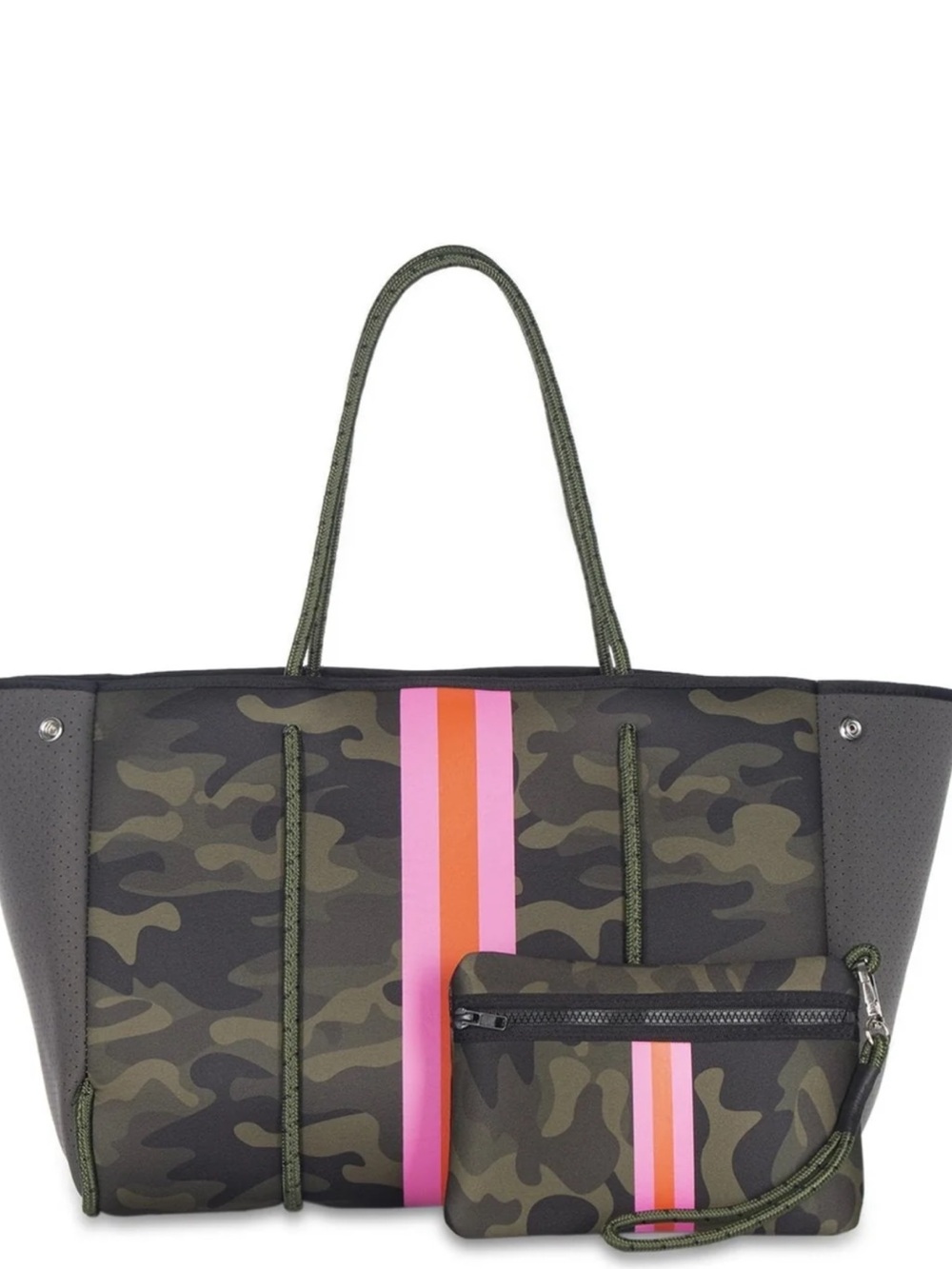 Olive Camo Neoprene Tote Expandable with Pink & Orange Stripe Wallet matching
